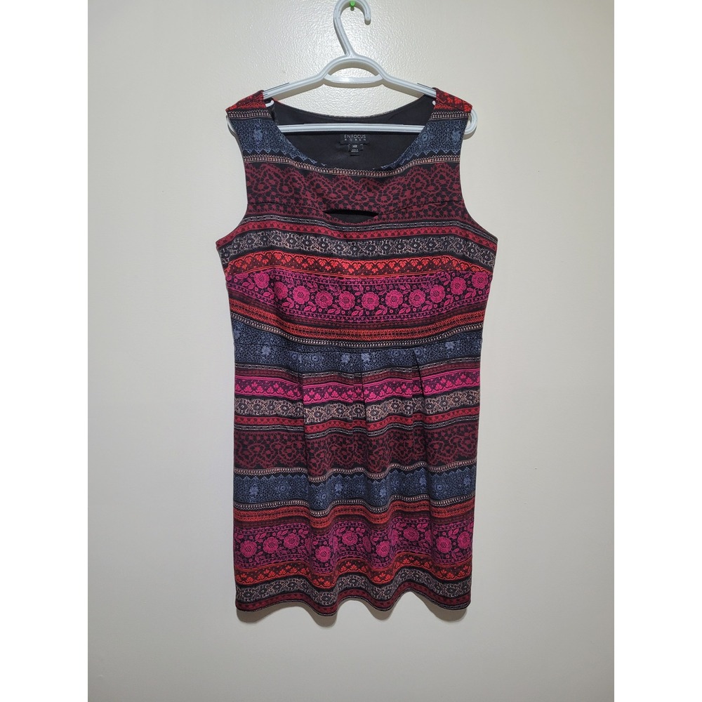 Enfocus Women Shift Dress Women 14W Multi-Color Boho Striped Keyhole